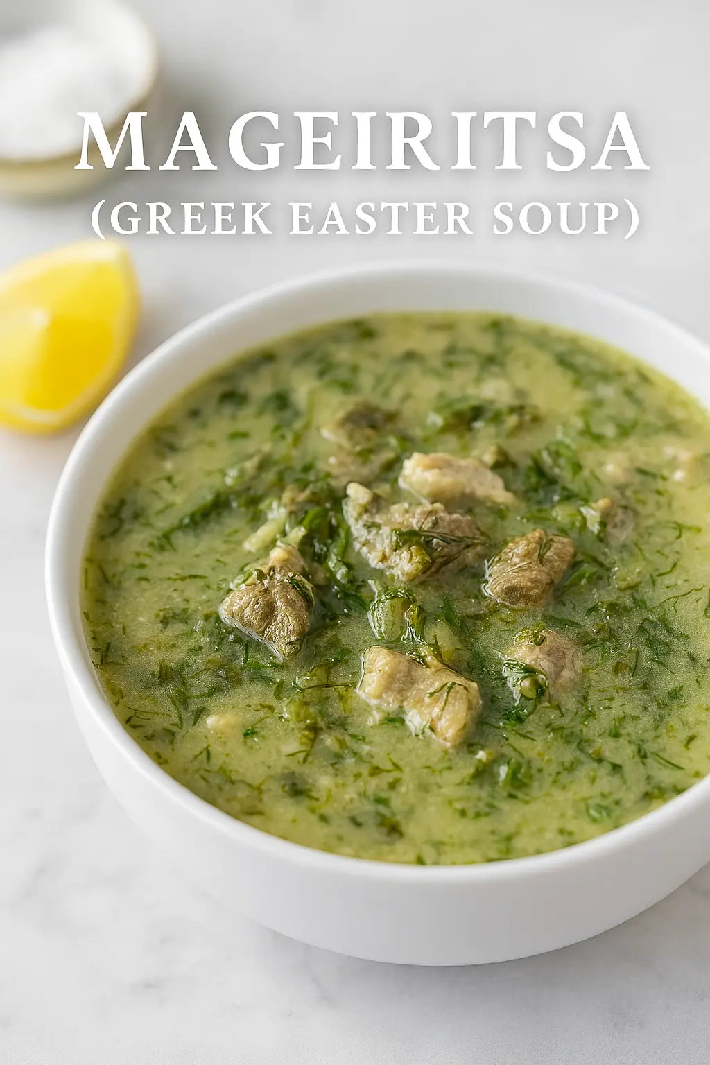 A comforting bowl of Greek Mageiritsa soup with herbs.